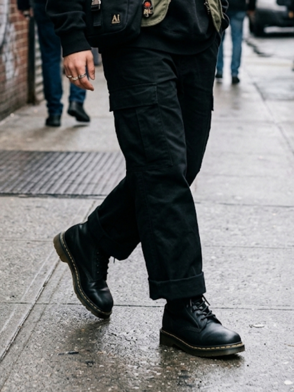 Dr. Martens Black Unisex Leather Laceup Combat Boots with Yellow Accents